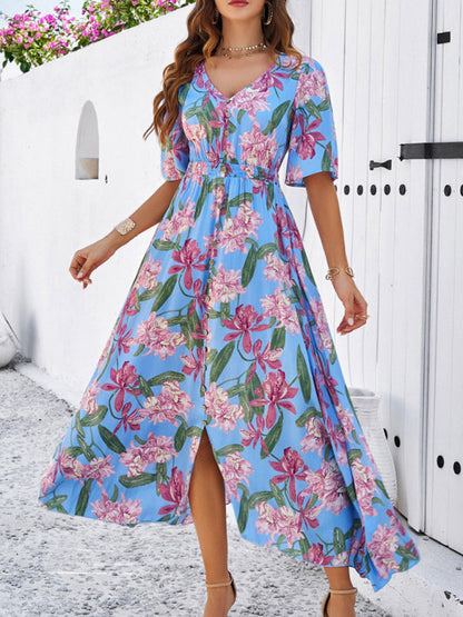 Floral Dresses- Nature's Floral Print V-Neck Midi Dress for Garden Affairs- - IndioGear Fashion and Gear