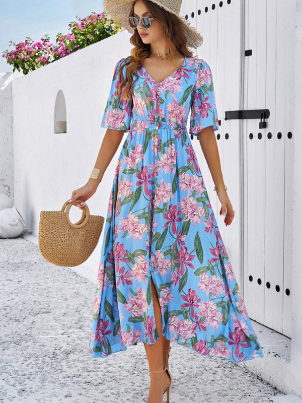 Floral Dresses- Nature's Floral Print V-Neck Midi Dress for Garden Affairs- - IndioGear Fashion and Gear