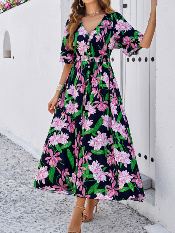 Floral Dresses- Nature's Floral Print V-Neck Midi Dress for Garden Affairs- - IndioGear Fashion and Gear