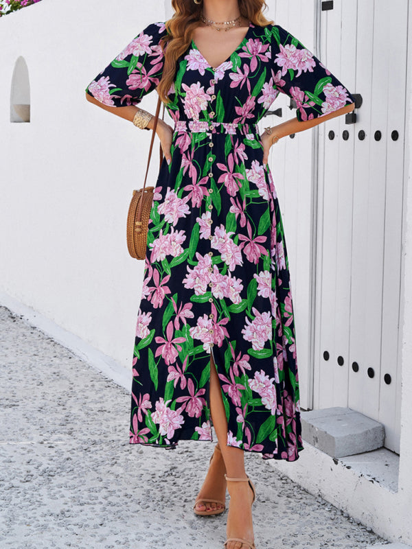 Floral Dresses- Nature's Floral Print V-Neck Midi Dress for Garden Affairs- - IndioGear Fashion and Gear