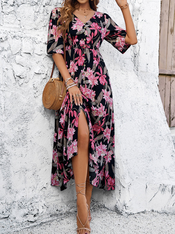 Floral Dresses- Nature's Floral Print V-Neck Midi Dress for Garden Affairs- - IndioGear Fashion and Gear