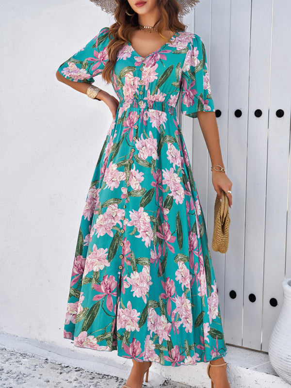 Floral Dresses- Nature's Floral Print V-Neck Midi Dress for Garden Affairs- - IndioGear Fashion and Gear