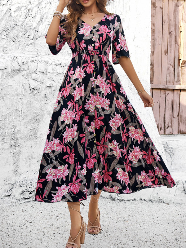 Floral Dresses- Nature's Floral Print V-Neck Midi Dress for Garden Affairs- - IndioGear Fashion and Gear