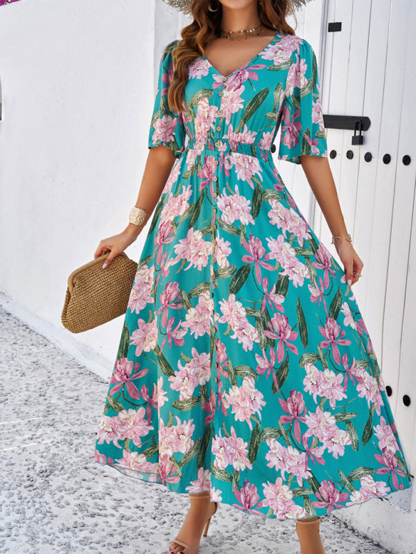 Floral Dresses- Nature's Floral Print V-Neck Midi Dress for Garden Affairs- Green- IndioGear Fashion and Gear