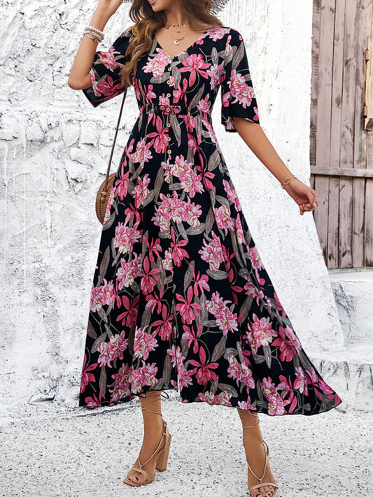 Floral Dresses- Nature's Floral Print V-Neck Midi Dress for Garden Affairs- Black- IndioGear Fashion and Gear