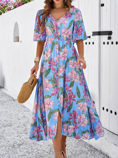 Floral Dresses- Nature's Floral Print V-Neck Midi Dress for Garden Affairs- Blue- IndioGear Fashion and Gear