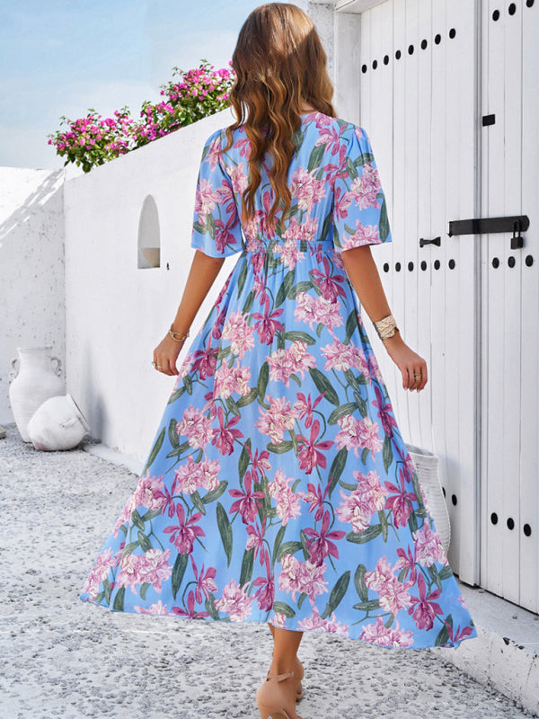 Floral Dresses- Nature's Floral Print V-Neck Midi Dress for Garden Affairs- - IndioGear Fashion and Gear