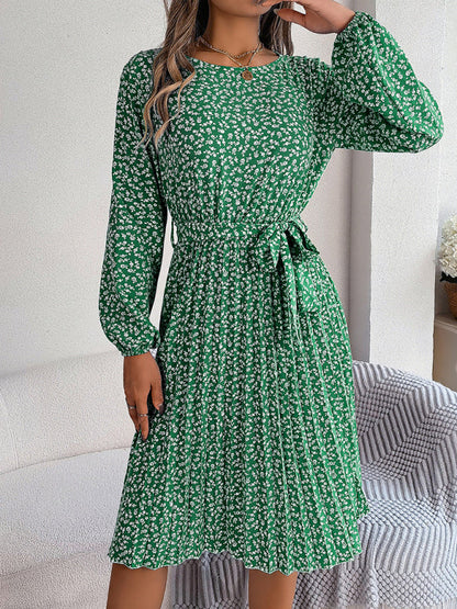 Floral Dresses- Spring Belted A-Line Dress with Pleats & Long Sleeves in Floral Print- - IndioGear Fashion and Gear