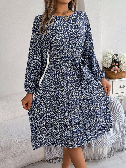 Floral Dresses- Spring Belted A-Line Dress with Pleats & Long Sleeves in Floral Print- Purplish blue navy- IndioGear Fashion and Gear