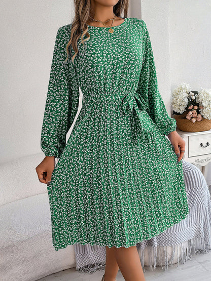 Floral Dresses- Spring Belted A-Line Dress with Pleats & Long Sleeves in Floral Print- - IndioGear Fashion and Gear