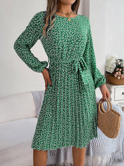 Floral Dresses- Spring Belted A-Line Dress with Pleats & Long Sleeves in Floral Print- Green- IndioGear Fashion and Gear