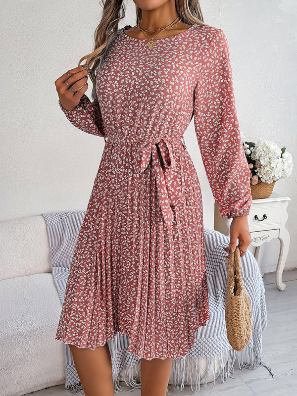 Floral Dresses- Spring Belted A-Line Dress with Pleats & Long Sleeves in Floral Print- - IndioGear Fashion and Gear