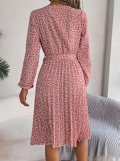 Floral Dresses- Spring Belted A-Line Dress with Pleats & Long Sleeves in Floral Print- - IndioGear Fashion and Gear