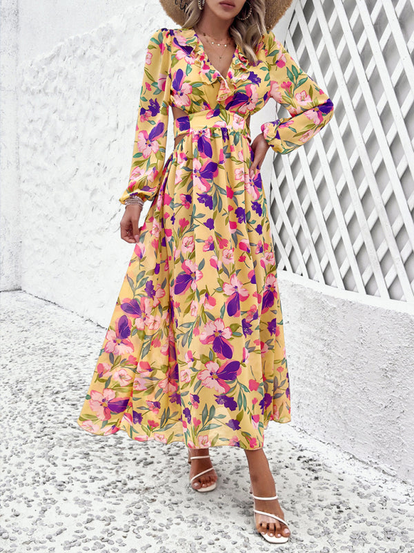 Floral Dresses- Spring Floral Cutout Backless Midi Dress with Long Sleeves- - IndioGear Fashion and Gear