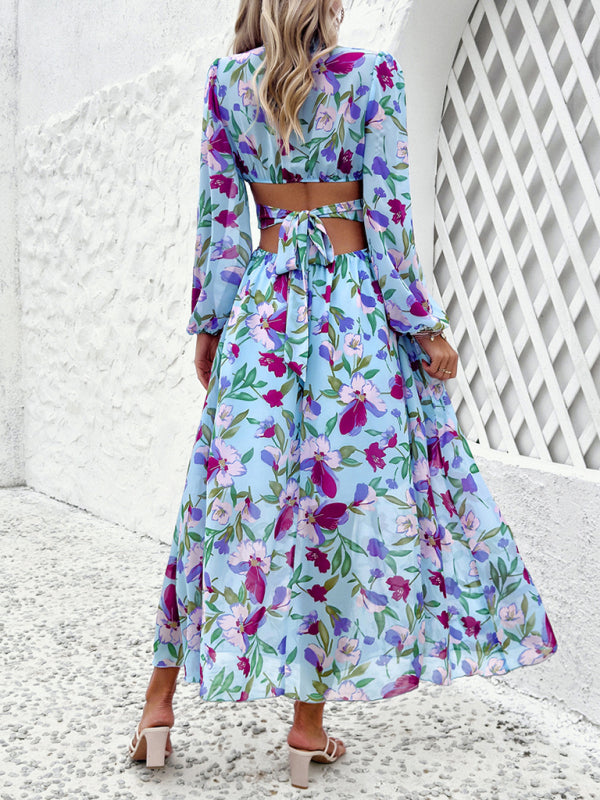 Floral Dresses- Spring Floral Cutout Backless Midi Dress with Long Sleeves- - IndioGear Fashion and Gear