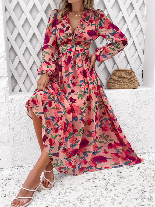 Floral Dresses- Spring Floral Cutout Backless Midi Dress with Long Sleeves- - IndioGear Fashion and Gear