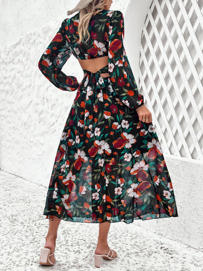 Floral Dresses- Spring Floral Cutout Backless Midi Dress with Long Sleeves- - IndioGear Fashion and Gear