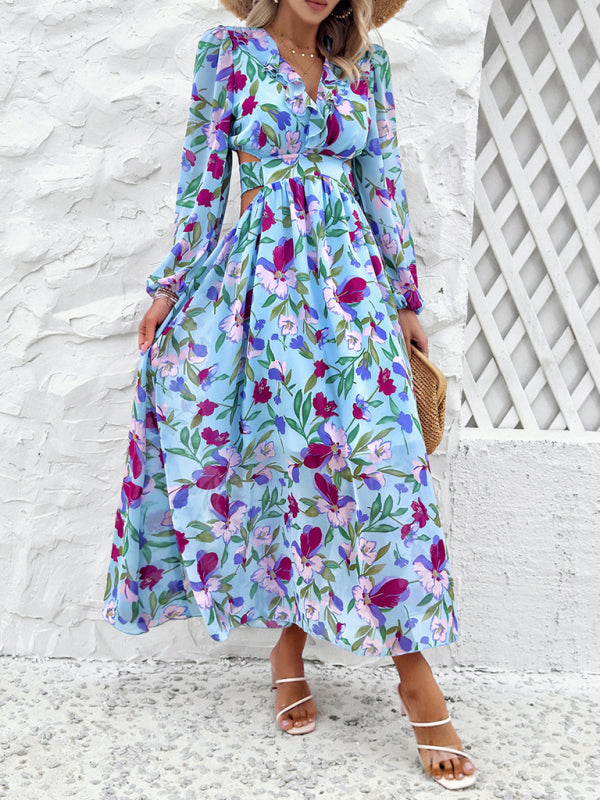 Floral Dresses- Spring Floral Cutout Backless Midi Dress with Long Sleeves- - IndioGear Fashion and Gear