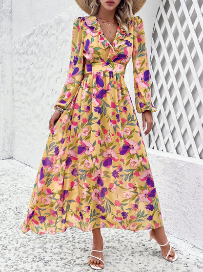 Floral Dresses- Spring Floral Cutout Backless Midi Dress with Long Sleeves- Yellow- IndioGear Fashion and Gear