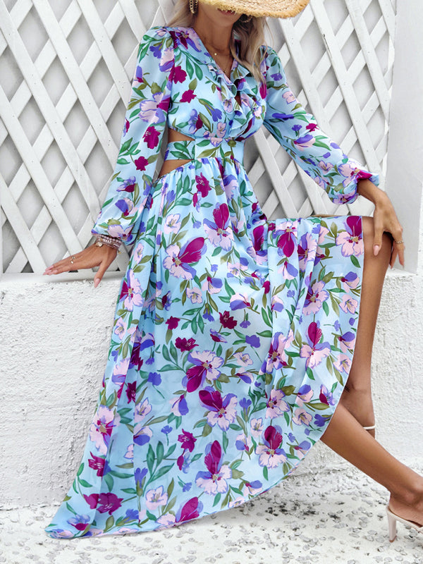 Floral Dresses- Spring Floral Cutout Backless Midi Dress with Long Sleeves- - IndioGear Fashion and Gear