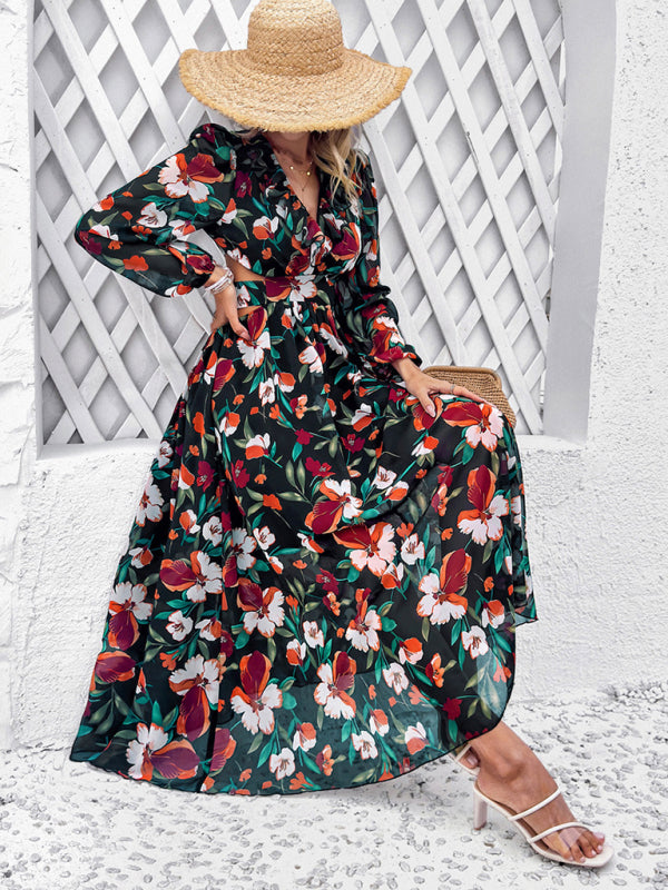 Floral Dresses- Spring Floral Cutout Backless Midi Dress with Long Sleeves- - IndioGear Fashion and Gear