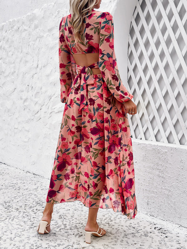 Floral Dresses- Spring Floral Cutout Backless Midi Dress with Long Sleeves- - IndioGear Fashion and Gear