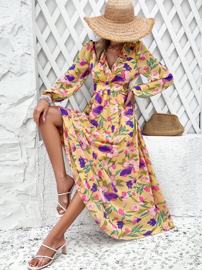 Floral Dresses- Spring Floral Cutout Backless Midi Dress with Long Sleeves- - IndioGear Fashion and Gear