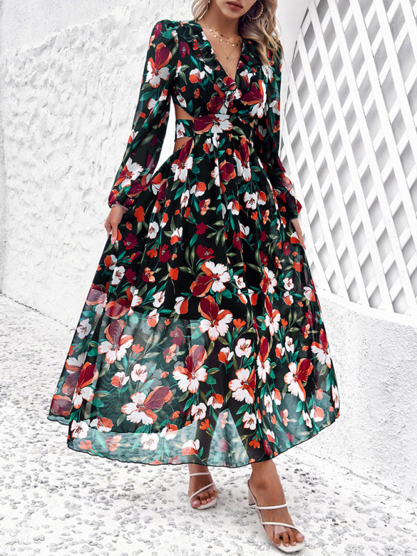 Floral Dresses- Spring Floral Cutout Backless Midi Dress with Long Sleeves- - IndioGear Fashion and Gear