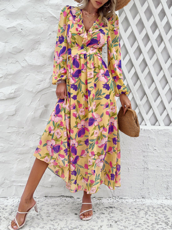 Floral Dresses- Spring Floral Cutout Backless Midi Dress with Long Sleeves- - IndioGear Fashion and Gear