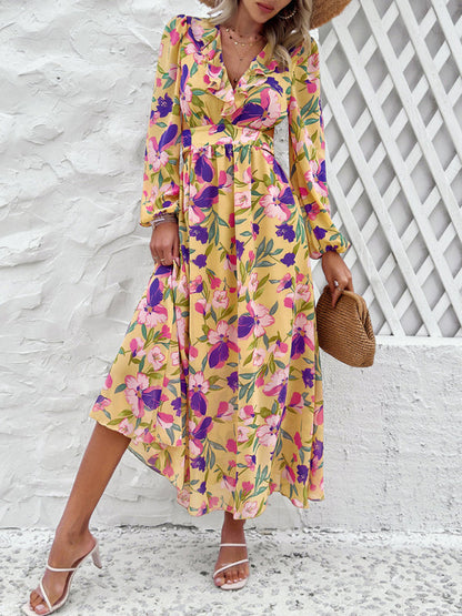 Floral Dresses- Spring Floral Cutout Backless Midi Dress with Long Sleeves- - IndioGear Fashion and Gear