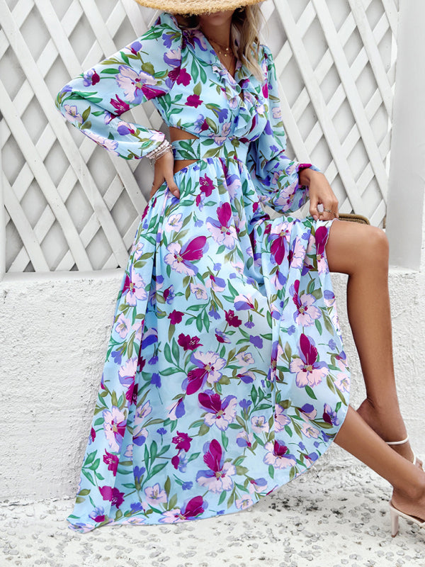 Floral Dresses- Spring Floral Cutout Backless Midi Dress with Long Sleeves- - IndioGear Fashion and Gear