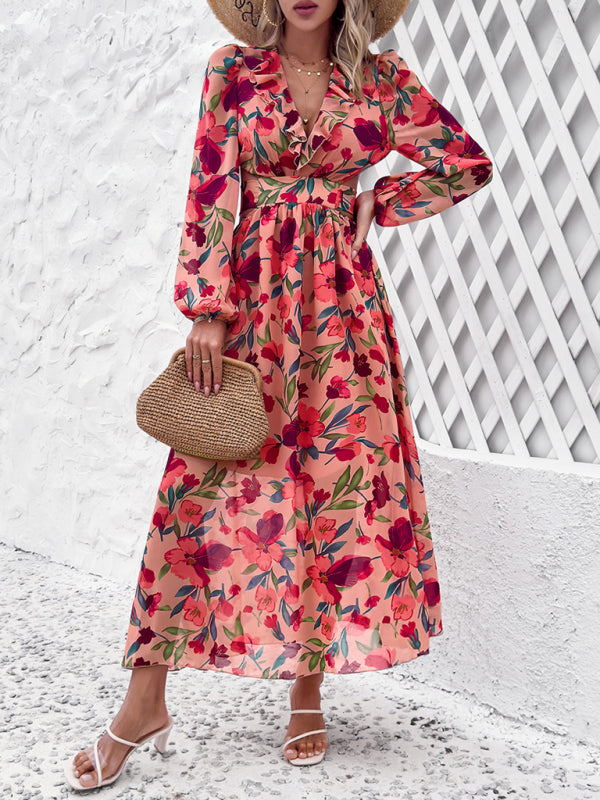 Floral Dresses- Spring Floral Cutout Backless Midi Dress with Long Sleeves- Pink- IndioGear Fashion and Gear