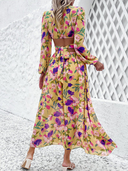 Floral Dresses- Spring Floral Cutout Backless Midi Dress with Long Sleeves- - IndioGear Fashion and Gear