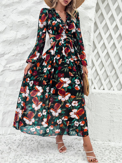 Floral Dresses- Spring Floral Cutout Backless Midi Dress with Long Sleeves- - IndioGear Fashion and Gear