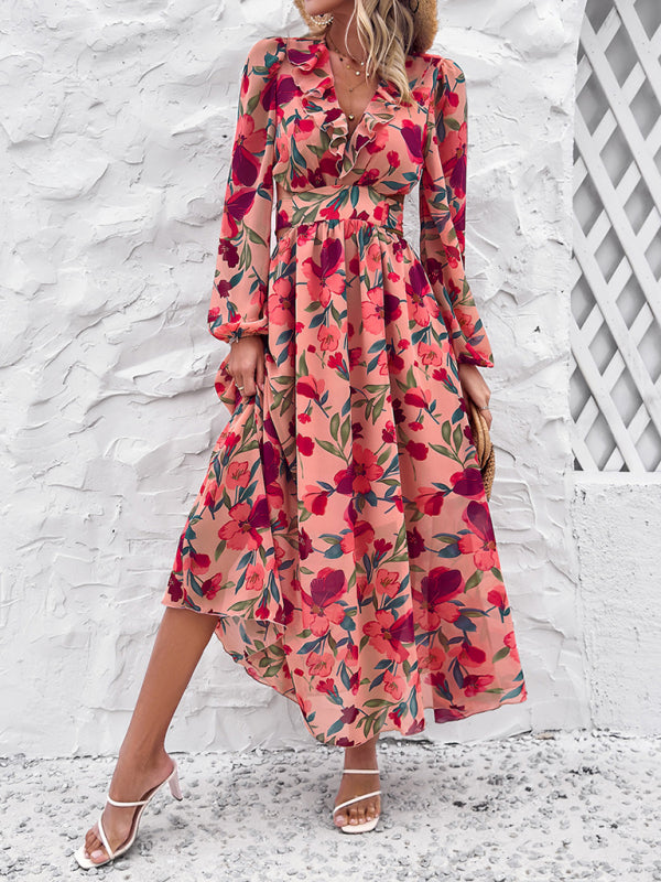 Floral Dresses- Spring Floral Cutout Backless Midi Dress with Long Sleeves- - IndioGear Fashion and Gear