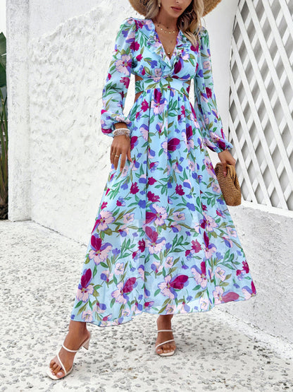 Floral Dresses- Spring Floral Cutout Backless Midi Dress with Long Sleeves- Blue- IndioGear Fashion and Gear