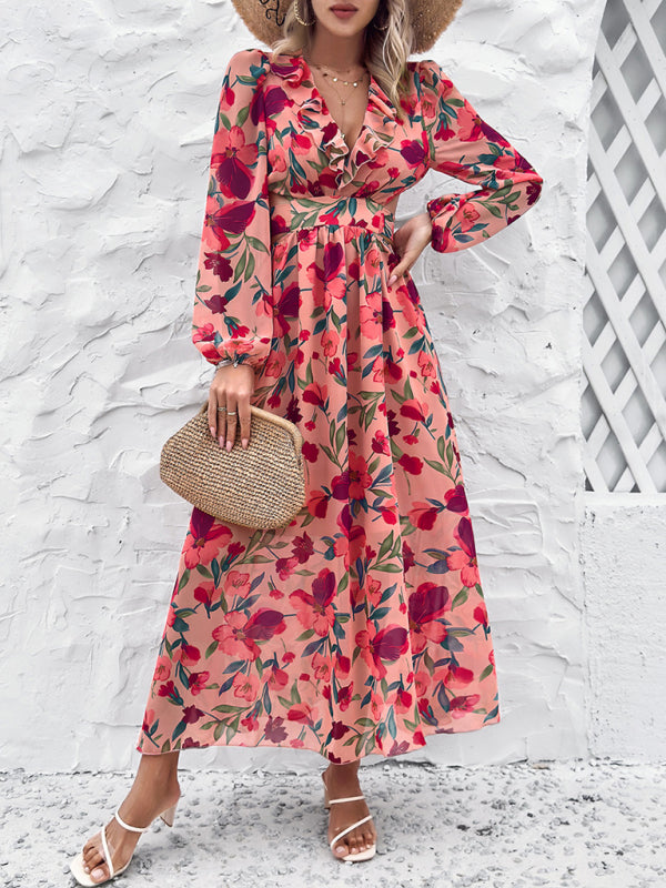 Floral Dresses- Spring Floral Cutout Backless Midi Dress with Long Sleeves- - IndioGear Fashion and Gear