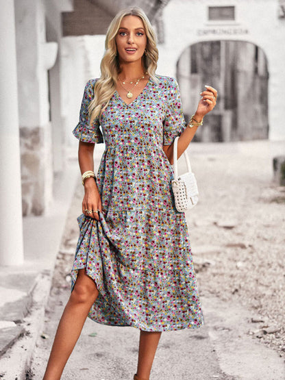 Floral Dresses- Tiered Floral V-Neck Dress: Pleated Design & Ruffle Accents- - Pekosa Women Clothing