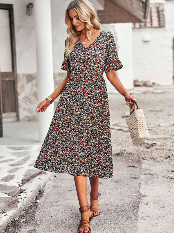 Floral Dresses- Tiered Floral V-Neck Dress: Pleated Design & Ruffle Accents- - Pekosa Women Clothing