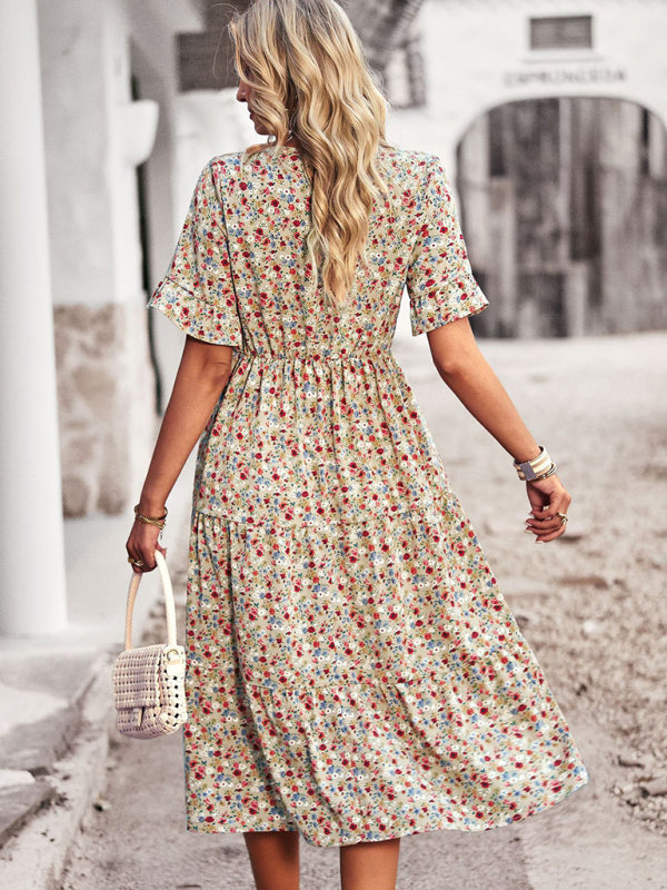 Floral Dresses- Tiered Floral V-Neck Dress: Pleated Design & Ruffle Accents- - Pekosa Women Clothing