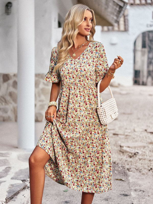 Floral Dresses- Tiered Floral V-Neck Dress: Pleated Design & Ruffle Accents- - Pekosa Women Clothing