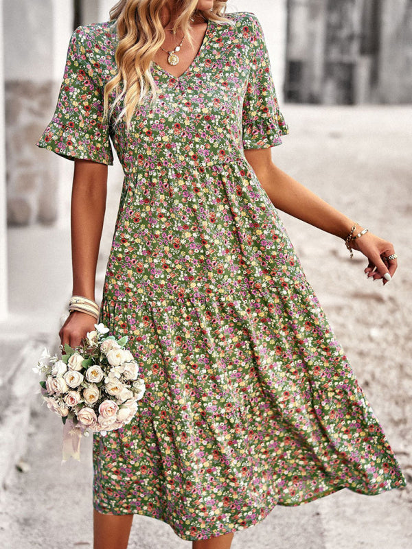 Floral Dresses- Tiered Floral V-Neck Dress: Pleated Design & Ruffle Accents- - Pekosa Women Clothing