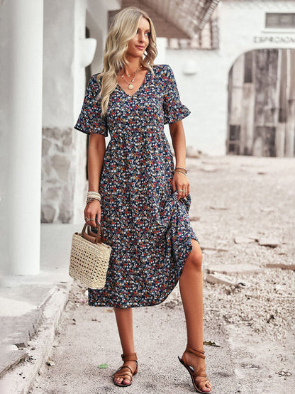 Floral Dresses- Tiered Floral V-Neck Dress: Pleated Design & Ruffle Accents- - Pekosa Women Clothing