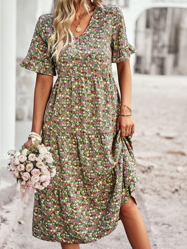 Floral Dresses- Tiered Floral V-Neck Dress: Pleated Design & Ruffle Accents- - Pekosa Women Clothing