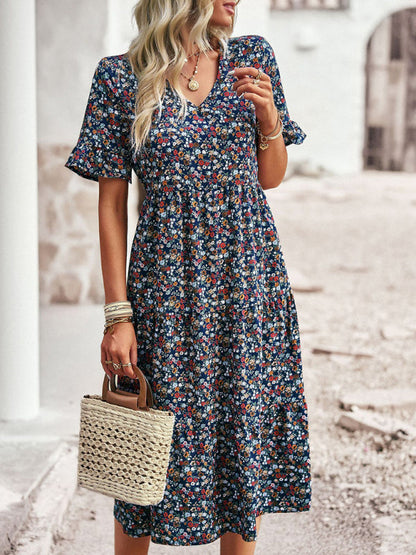 Floral Dresses- Tiered Floral V-Neck Dress: Pleated Design & Ruffle Accents- - Pekosa Women Clothing