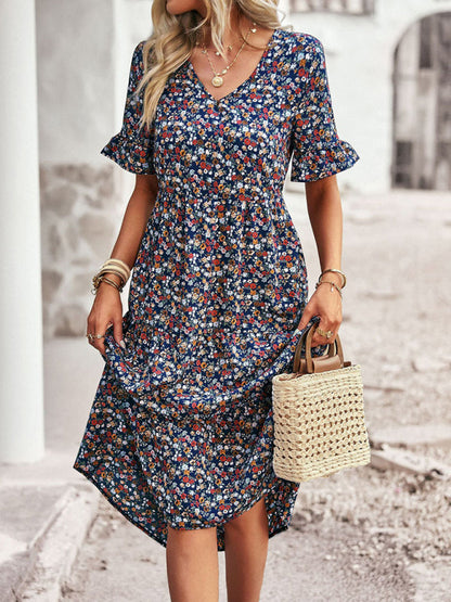 Floral Dresses- Tiered Floral V-Neck Dress: Pleated Design & Ruffle Accents- Purplish blue navy- Pekosa Women Clothing