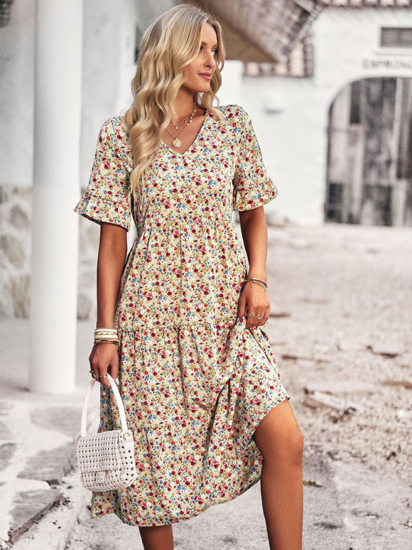 Floral Dresses- Tiered Floral V-Neck Dress: Pleated Design & Ruffle Accents- - Pekosa Women Clothing