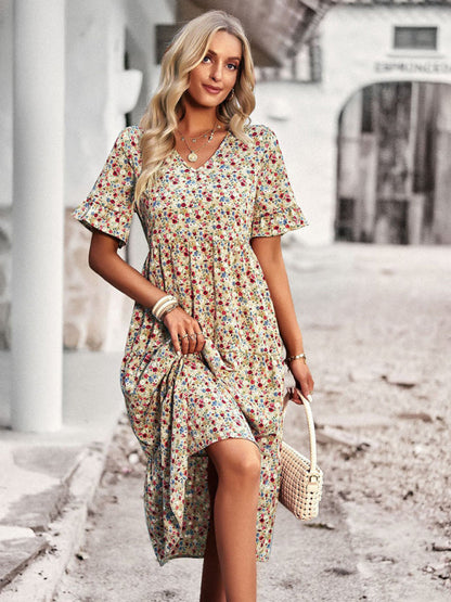 Floral Dresses- Tiered Floral V-Neck Dress: Pleated Design & Ruffle Accents- - Pekosa Women Clothing