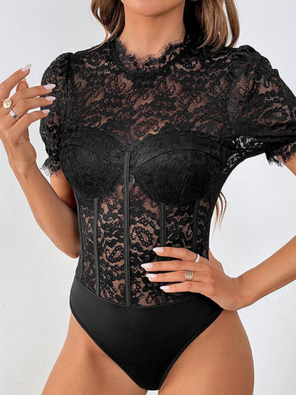 '-Floral Lace Bodysuit | Disco Night's See-Through Tight Top-Pekosa Women Clothing