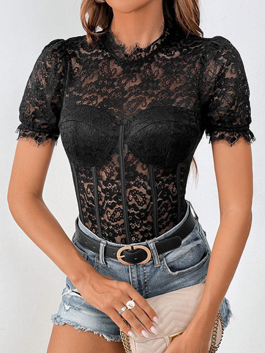 '-Floral Lace Bodysuit | Disco Night's See-Through Tight Top-Pekosa Women Clothing